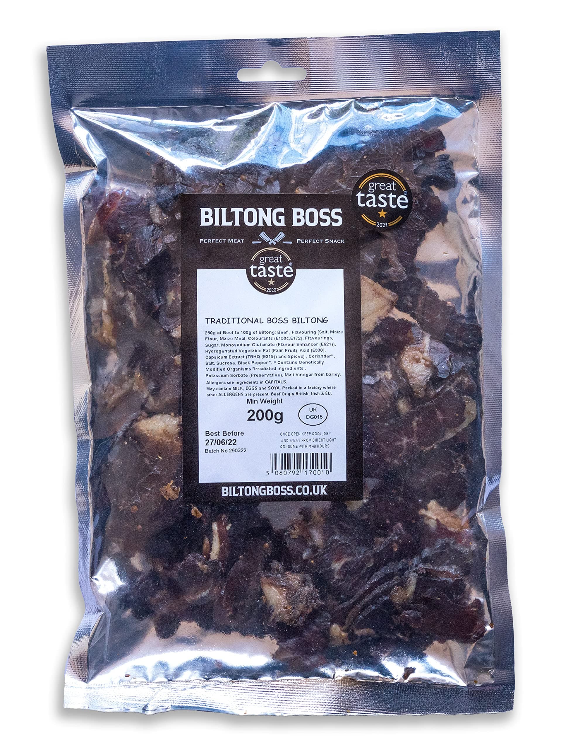 Biltong Boss Traditional Boss Beef, Premium Authentic Beef, High Protein Ready To Eat Healthy Snack, Suitable For Gluten-Free, Paleo, Keto, Atkins Diets & Post-Workout, Low Sugar & Carbohydrates, 200g