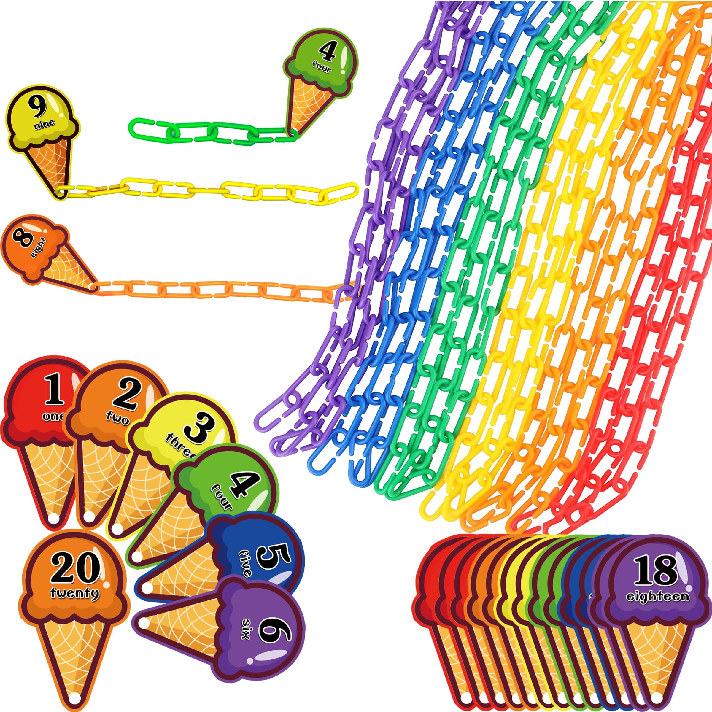Chain Link Math Manipulatives - 240 C Clips Plastic Chain Links & 20 Ice Cream Cards for Counting & Linked Math Game - Learning Resources for Kindergarten Sensory Bin Math Links Counting Toy
