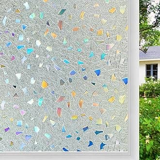 Stained Glass Window Privacy Film 3D Rainbow Decorative Heat Control UV Blocking Non-Adhesive Removable Vinyl Film Window Tint for Bathroom Door Covering, Pure, 35.4 x 78.7 inch