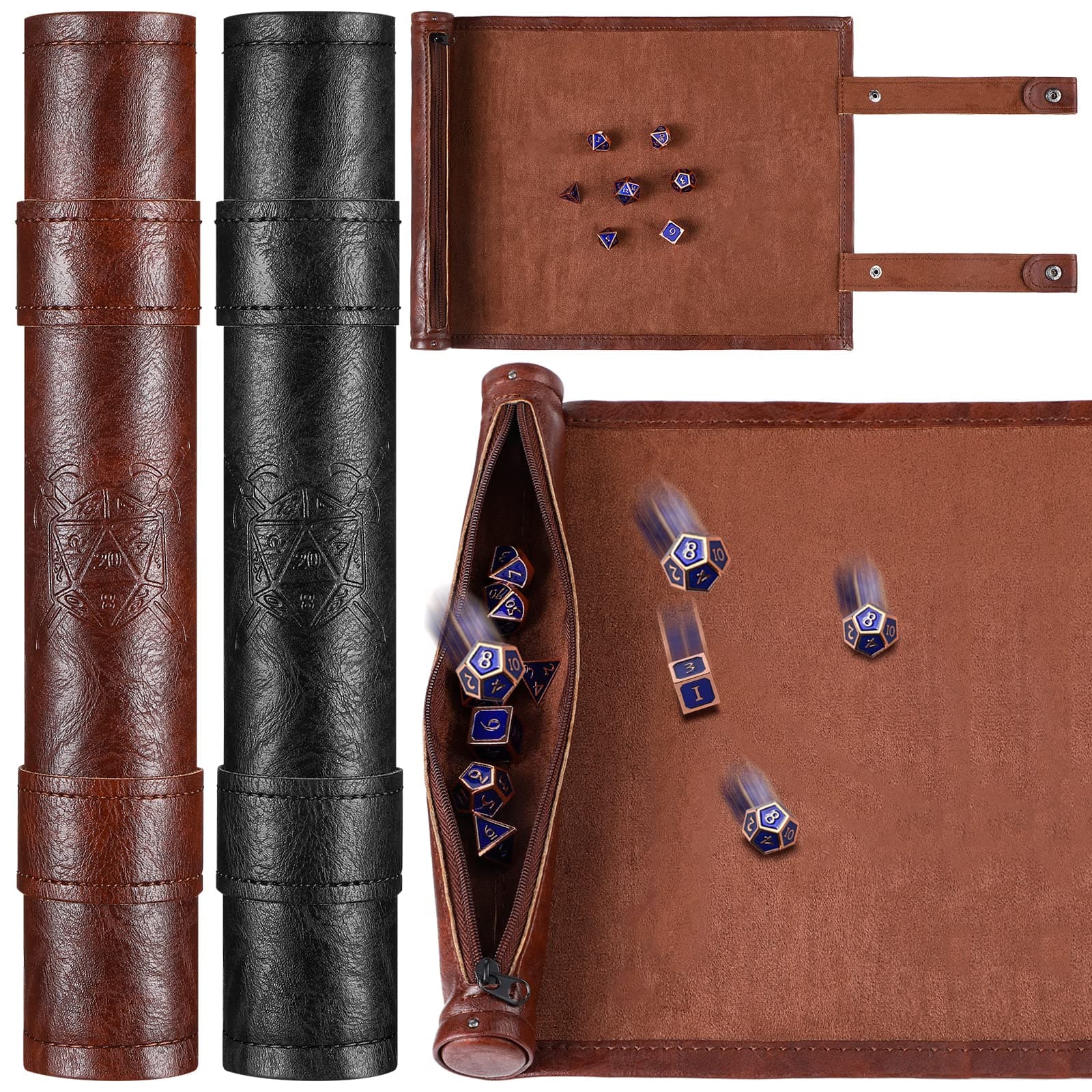 Civaner Dice Mat Tray Rolling Mat With Zipper PU Leather Folding Scroll Bag Holder Compatible With DND RPG Table Christmas Game Accessories (Brown, Black)