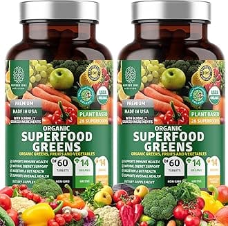 Number One Nutrition USDA Organic and Easy-to-Take Super Greens, Better Than Powder Fruits & Veggies Supplement with 28 Superfood Ingredients Like Alfalfa, Beet Root and Ginger, 120 Tablets