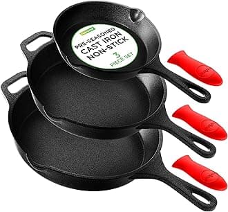 3pc Pre Seasoned Cast Iron Skillet Pan, Cast Iron Frying Pans Nonstick, Oven Safe Cookware Set w/Silicone Handle, Drip Spout, Indoor/Outdoor Use, for Induction & All Cooktops