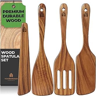 Wooden Spatula for Cooking - Natural Teak Wood Spatula for Non Stick Frying Pan - Wooden Cooking Utensils Set of 4 Including Paddle, Turner, Slotted Spurtle and Wood Scraper - Long Ergonomic Handles