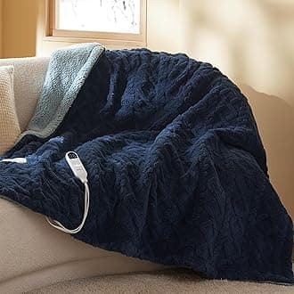 Bedsure Heated Blanket Throw - Jacquard Shaggy Sherpa Electric Blanket, Soft Heating with 6 Heating Levels & 4 Timer Settings, Warm Gift for Grandma (50x60 inches, Navy)