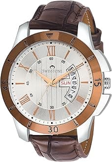 SWISSTONEG350-SLV-BRW Brown Leather Strap Wrist Watch for Men