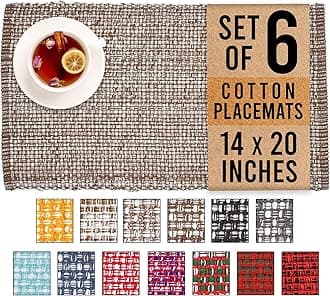 Urban Villa, 100% Cotton Two Tone Place Mats,14''x 20'' Over Sized,Set of 6,Brown/Ivory Every Day Use,Heavier Quality