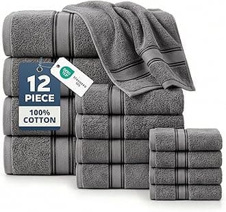 LANE LINEN Bath Towel Set of 12 – Premium 100% Cotton Towels for Bathroom, 4 Bath, 4 Hand & 4 Washcloth, Zero Twist, Hotel Collection Towels, Gentle on Body, Absorbent & Ideal for Everyday Use – Grey