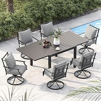 Grand patio 7-Piece Patio Dining Set for 6, 6 E-Coated Outdoor Dining Set Swivel Patio Dining Chairs with Olefin Cushions & 1 Black Extendable Rectangular Table for 4-6 Person