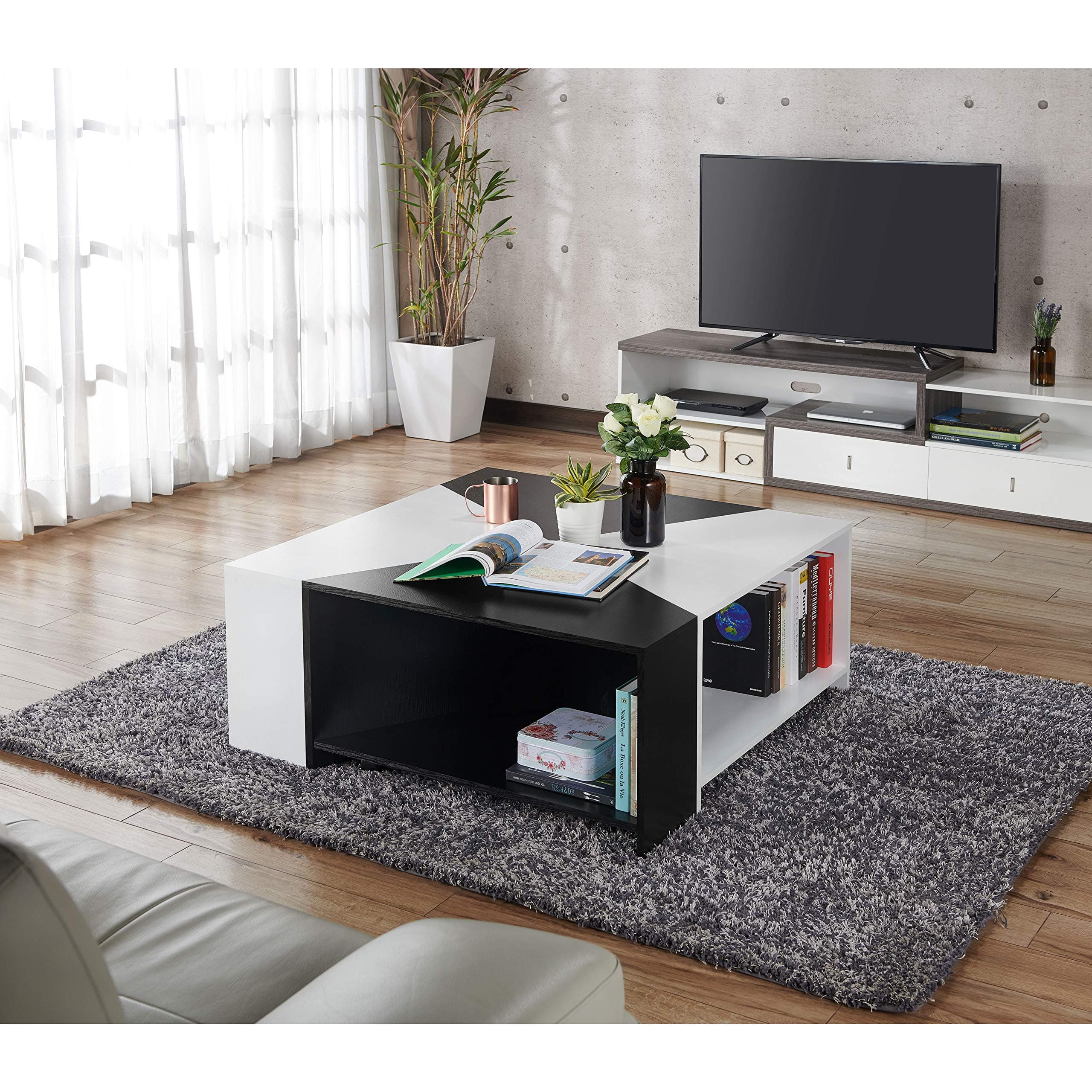 ioHOMES Melaina Modern Modular Square Coffee Table with Open Shelf Storage with 4 Interchangeable Pieces, 40", Black and White