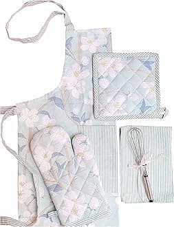 PIXEL HOME DECOR Printed Apron With Oven Mitt and Pot Holder with Kitchen Towel - Cherry Blossom Collection (Teal Blossom)
