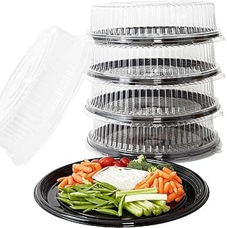 Avant Grub Heavy Duty, Recyclable 16 in. Serving Tray and Lid 5pk. Large, Black Plastic Party Platters with Clear Lids Dishware Plate, Elegant Round Banquet or Catering Trays for Serving Appetizers