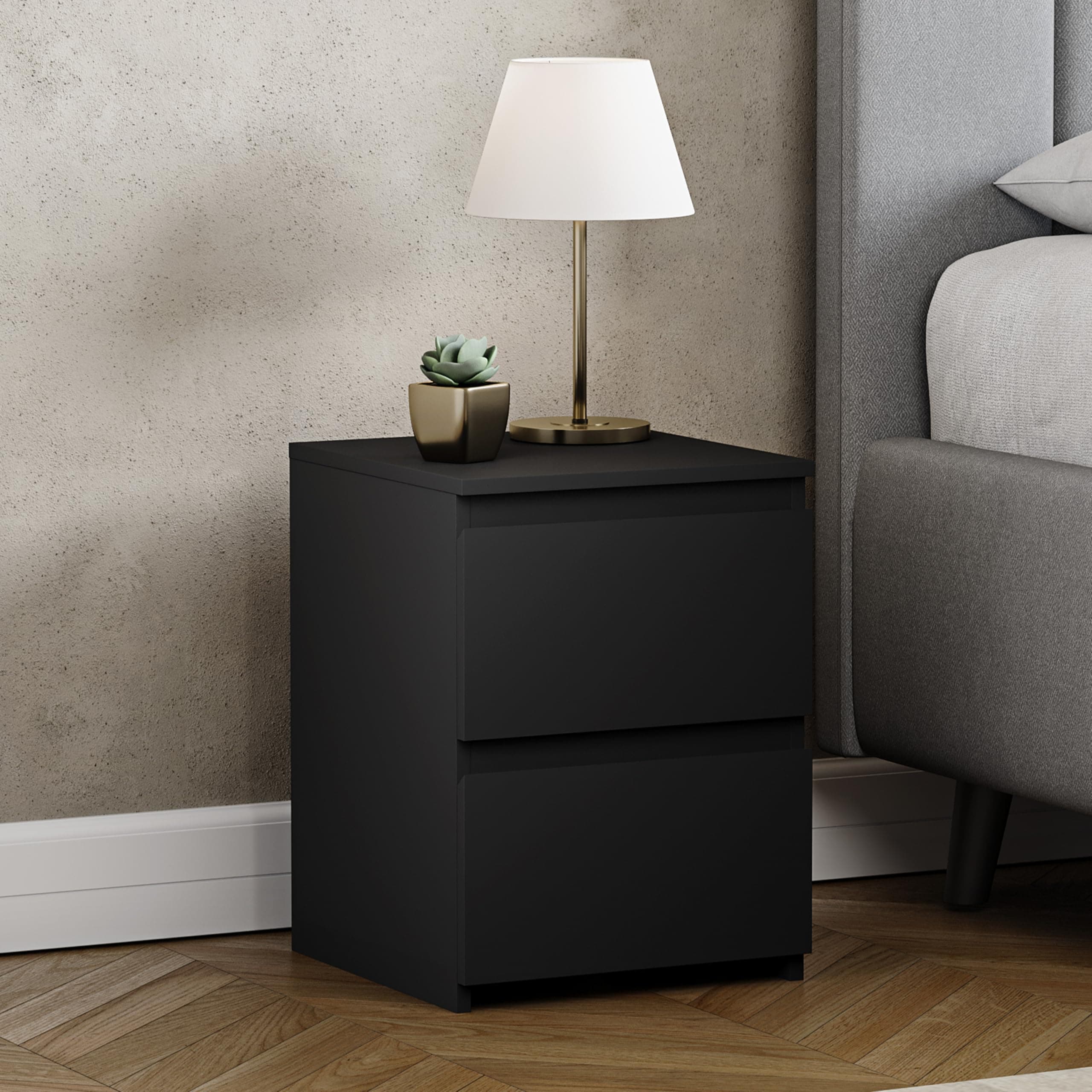 Vida Designs Denver 2 Drawer Bedside Chest | Black | Space-Saving Storage | 52H x 29.5W x 29.5D cm | Narrow Side Table | Minimal | Smooth Metal Runner | Modern Bedroom Nightstand Unit