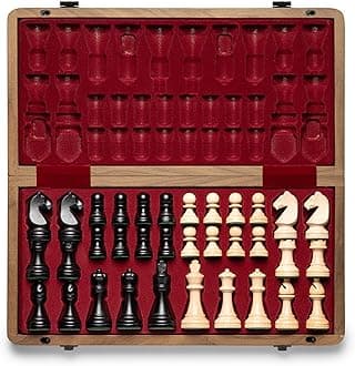 Premium Natural Walnut Folding Chess Set, w/ 15" Board & 3" King Height Staunton Chess Pieces, Includes 2 Extra Queens and a Storage Bag