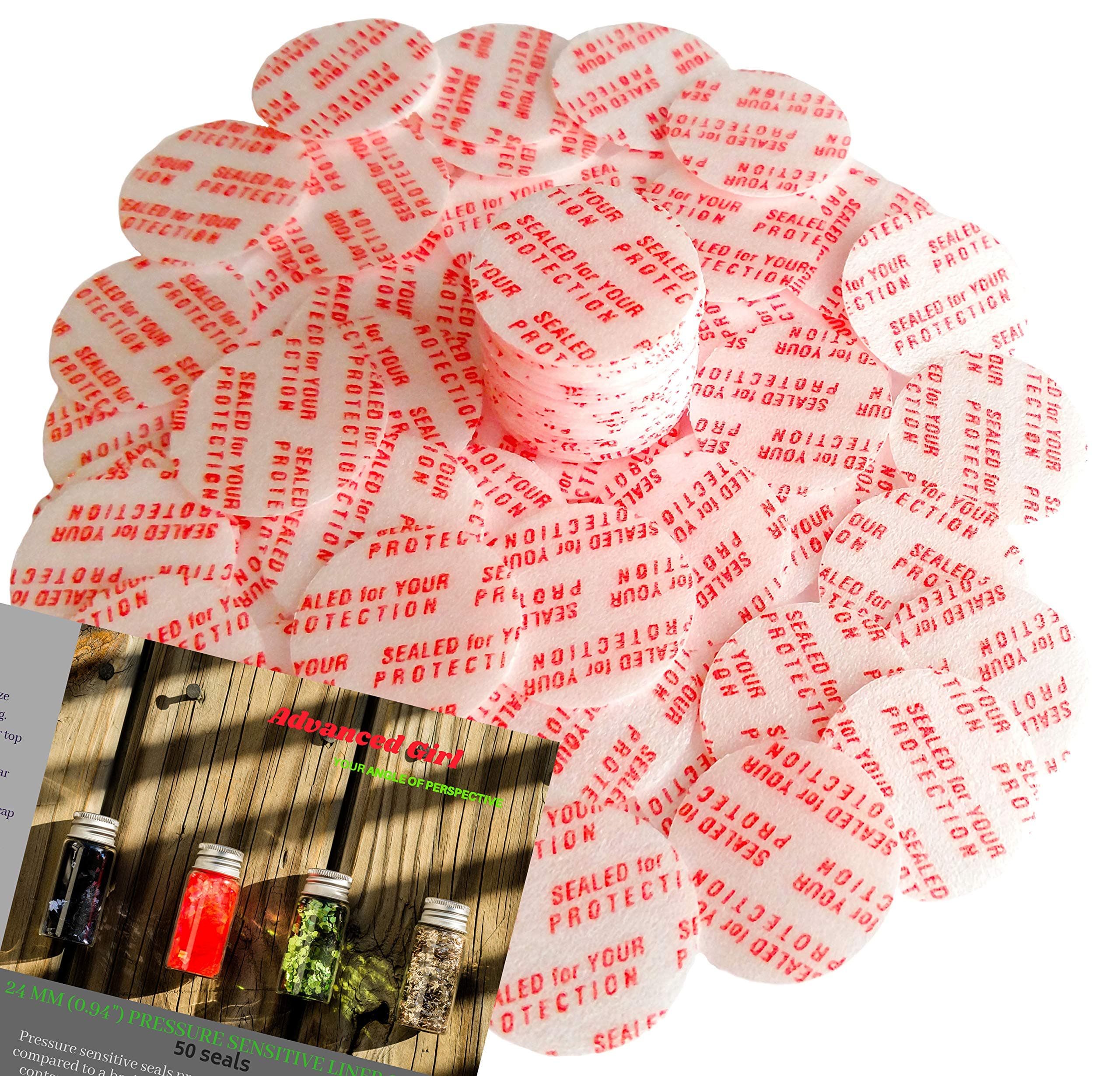 Torque Activated Pressure Sensitive Seals Cap Liners - 24 mm (0.94") -50 PCS -Made in USA- for Glass & Plastic Bottles & Containers - No Induction Sealer Needed