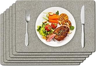 DOLOPL Placemats Set of 6, Faux Leather Heat Resistant Place Mats for Dining Table, Waterproof Oilproof Wipeable Washable Table Mats, Easy to Clean Anti-Slip Tablemats for Kitchen Party, Outdoor, Gray