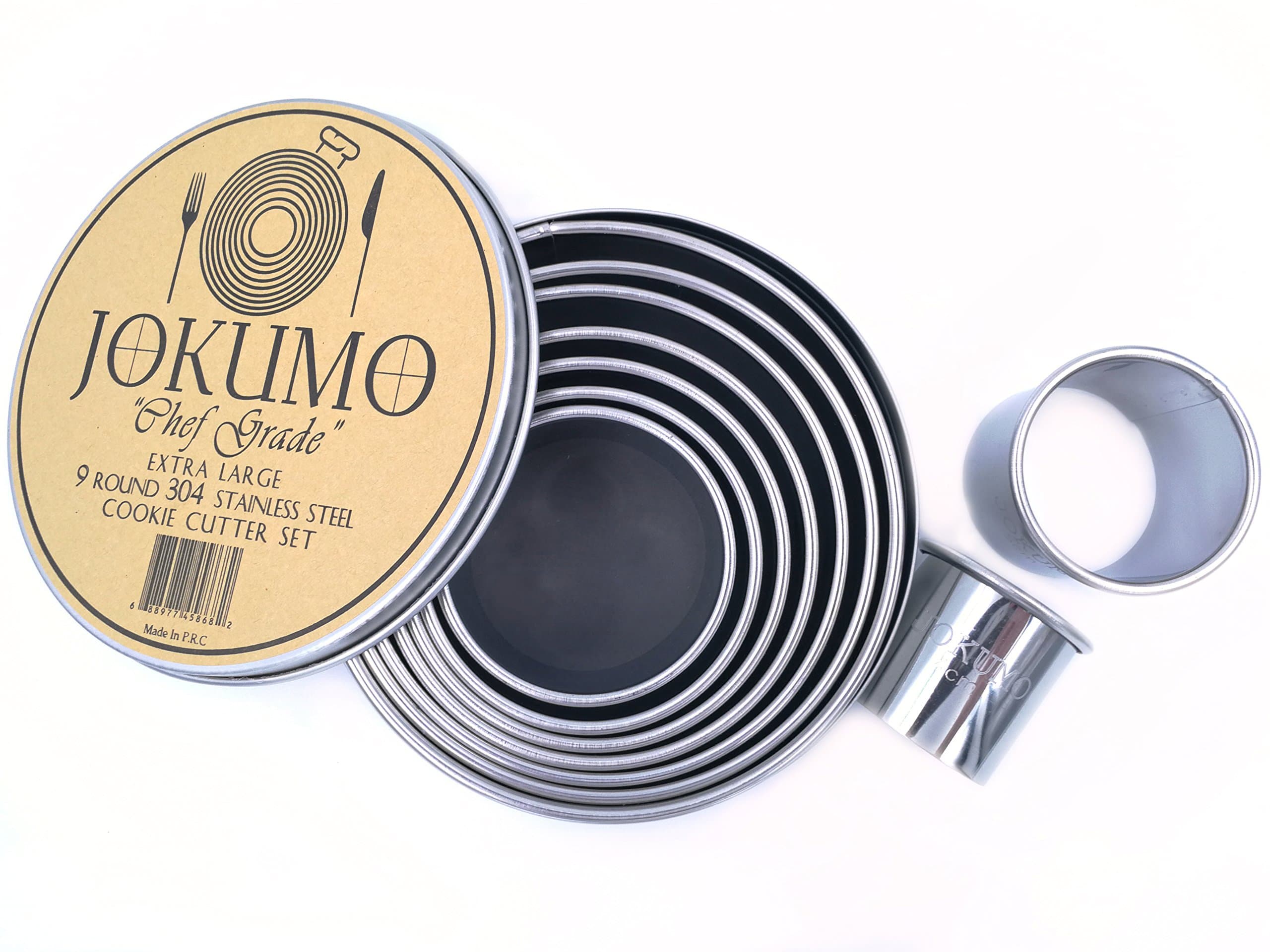 9 Piece Extra Large Chef Grade Plain Round Pastry/Cookie Cutter Set - Extra Thick Premium 18/8 304 Stainless Steel - Marked Size for Professional Chefs and Ambitious Home Cooks