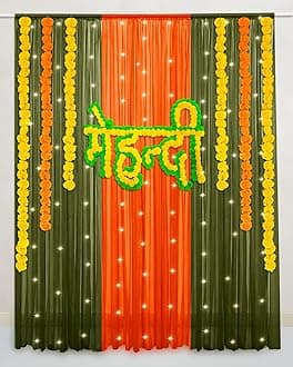 SpecialYou.in Mehendi Decoration Items For Home, Green & Orange Backdrop Cloth For Decoration, Haldi Mehndi Decoration Items For Marriage, Wedding Decorations Item - 14 Pcs