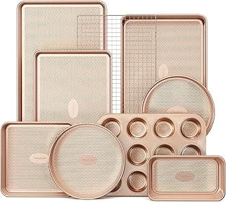 9-Piece Baking Pans Set Nonstick, Stackable Non Toxic Bakeware Sets with Diamond Texture, Oven Pan Set for Cooking, Includes Cookie Sheet with Rack, Cake Pan, Roasting Pan, Muffin Pan, Gold