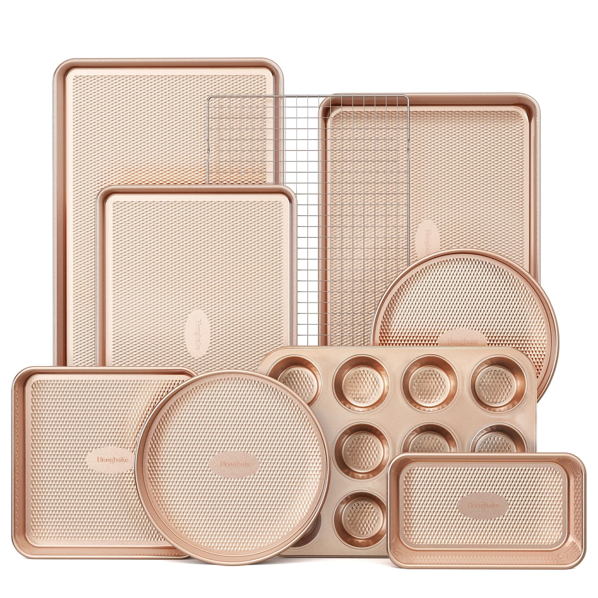 HONGBAKE 9-Piece Baking Pans Set Nonstick, Stackable Non Toxic Bakeware Sets with Diamond Texture, Oven Pan Set for Cooking, Includes Cookie Sheet with Rack, Cake Pan, Roasting Pan, Muffin Tin, Gold