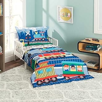 Everyday Kids 4 Piece Toddler Bedding Set -Choo Choo Train- Includes Comforter, Flat Sheet, Fitted Sheet and Reversible Pillowcase