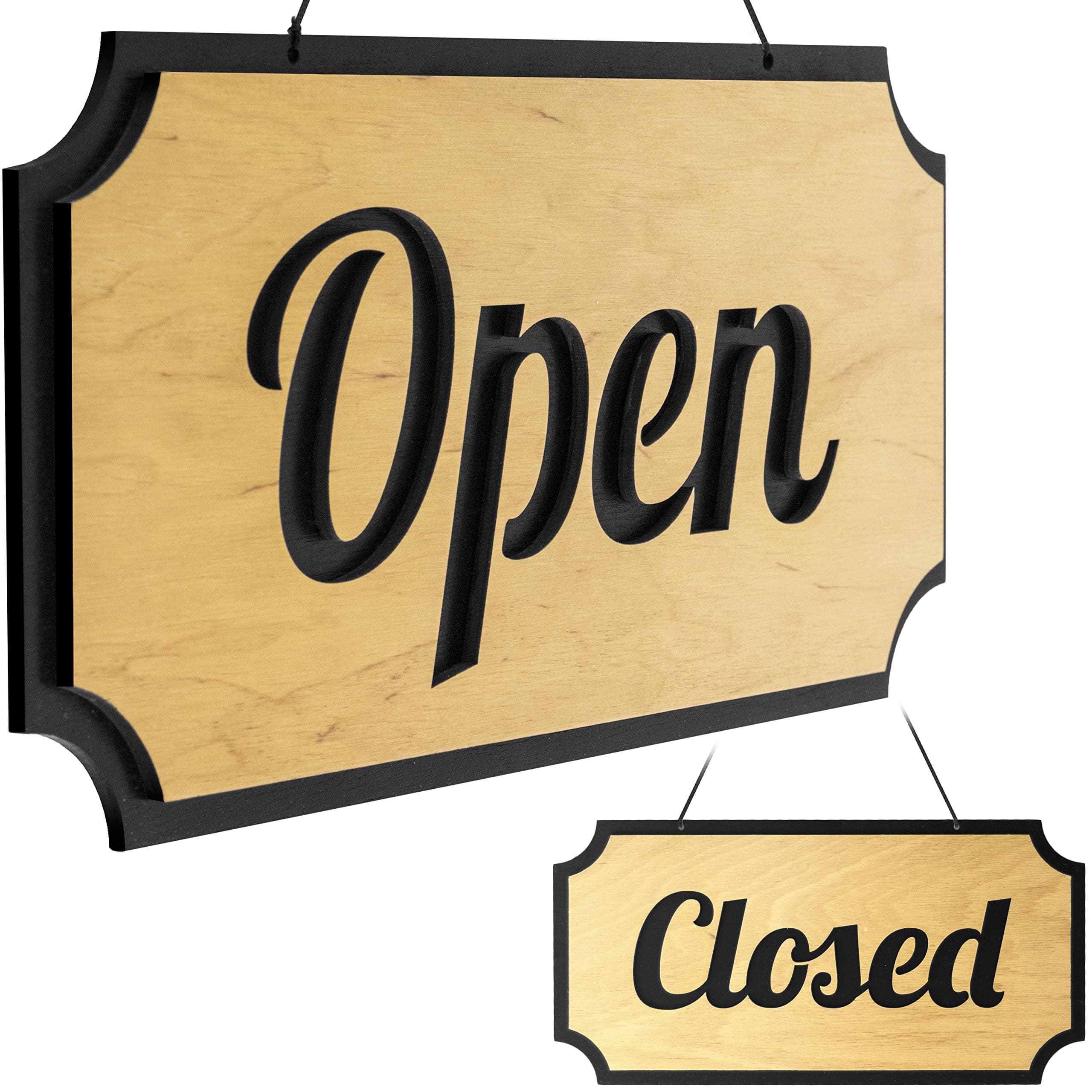Double-Sided Open/Closed Sign with Clock (Black and light wood)