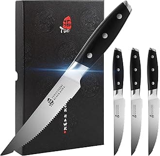 TUO Serrated Steak Knife - 5 inch Professional Kitchen Steak Knife Set 4 - Table Dinner Knife - German HC Stainless Steel Non Slip Pakkawood Handle - BLACK HAWK SERIES Including Gift Box