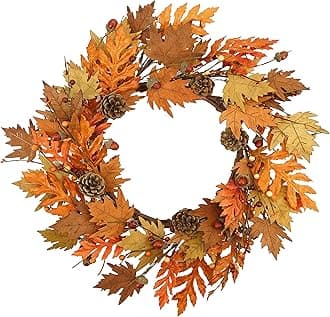Artificial Fall Wreath Autumn Wreath Thanksgiving Wreath with Wooden Maple Leaves,Bright Oak Leaves,Acorn,Big Pine Cones,Big Berry for Indoor Outdoor Farmhouse Home Wall Window Festival Wedding Decor