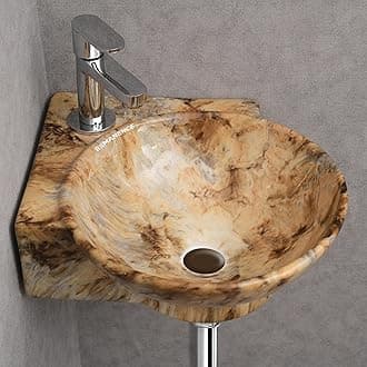 REMANENCE Wall Mounted Wash Basin for Bathroom | Ceramic Wash Basin Wall Hung Small Corner Wash Basin/Sink (16.3 x 13.8 x 4.3 Inch) (Marble Brown)