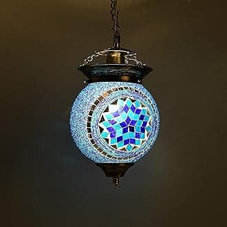 Homesake Turkish Moroccan Style Mosaic Hanging Lamp - Handmade Decorative Hanging Light, Pendant Light, Vintage Ceiling Fixture, Bohemian Home Decor, Stained Glass Lantern, Blue Mosaic Globe