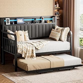 Daybed with Trundle and LED Light, Heavy Duty Metal Twin Bed Frame with Upholstered Storage Headboard & Charging Station, Day Bed Pop Up Trundle Bed Twin for Living Room,Bedroom and Guest Room, Black