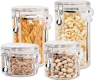 4pc Clear Canister Set with Clamp Lids & Spoons - Airtight Food Storage Containers, Ideal for Kitchen & Pantry Storage of Bulk, Dry Food Including Flour, Sugar, Coffee, Rice, Tea, Spices & Herbs
