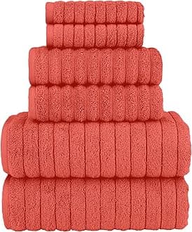 Elegant Comfort 100% Turkish Cotton Corduroy Ribbed Luxury Bath Towels 6-Piece Set, Premium Feel - Quick Dry, Highly Absorbent, Contains 2 Bath Towels, 2 Hand Towels, and 2 Washcloths, Coral