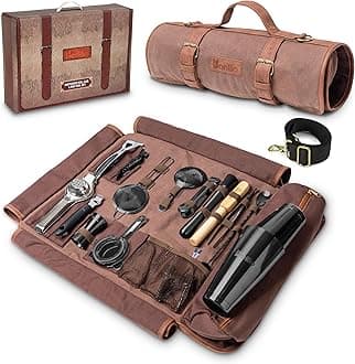 Barillio Bartender Bag Travel Bartender Kit Bag with Black Bar Tools | Professional 17-Piece Bar Tool Set with Portable Waxed Canvas Bag Including Shoulder Strap for Easy Carry | Travel Cocktail Set