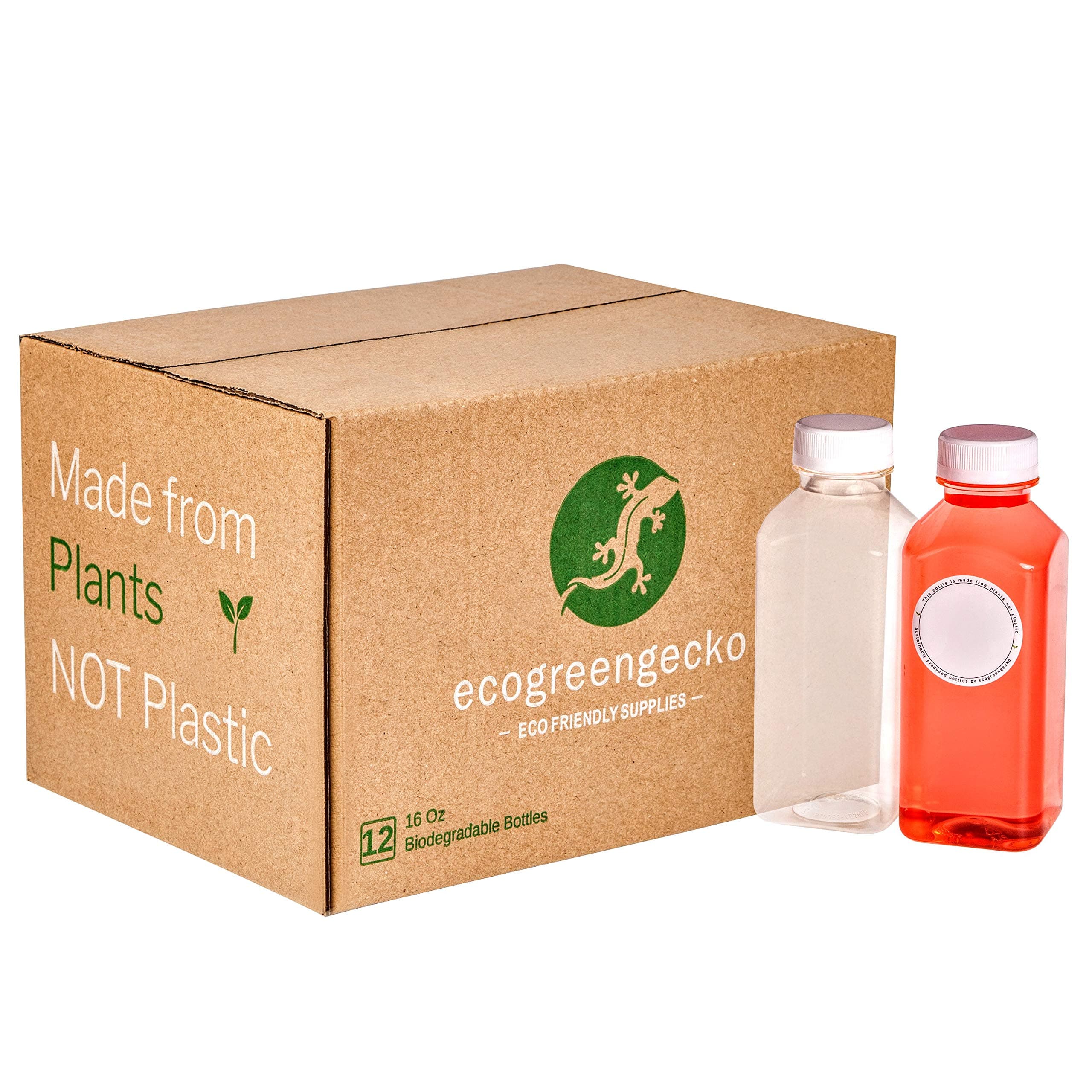 16 Oz Empty COMPOSTABLE Non Plastic Clear Juice Bottles - 12 Pack. Reusable with Lids and Labels. Eco-Friendly, Biodegradable, Plant Based Alternative. Perfect for Drinks, Water, Smoothies, Juicing