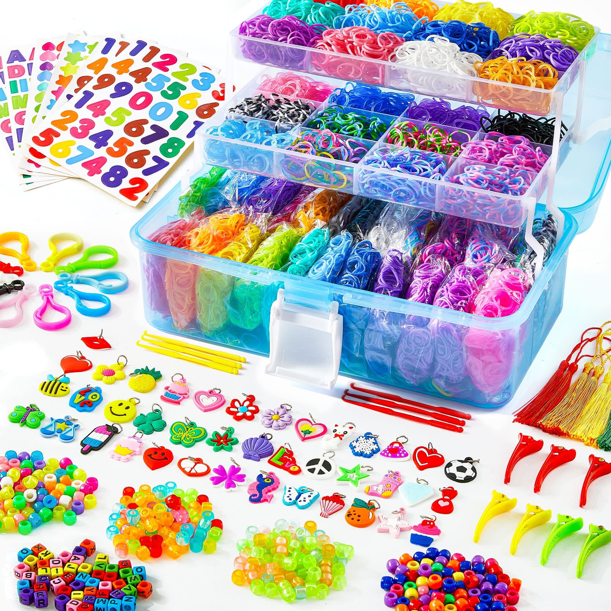 17500+ Rubber Loom Bands with 3 Layer Blue Container, 28 Colors, 600 S-Clips, 352 Beads, 40 Cartoon Pendant, Bracelet Making Refill Kit for Kids