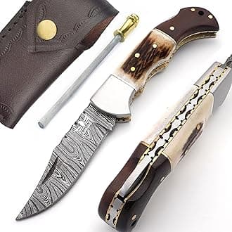 Damascus Pocket Knife for Men - 133 Layer Solid Steel Handmade Folding Hunting Knives with Sharpner and Leather Pouch - Best Knife for Camping Hunting Hiking - Father’s Day Gifts for Men Husband Dad