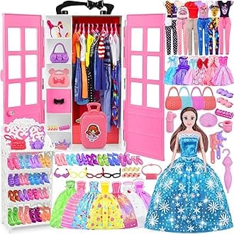 150+ Pcs Doll Clothes and Accessories with Closet (Include Doll),Princess Gowns Dresses,Clothing,Pants,Swimsuits Shoes Hangers and Accessories Doll Dress up Toy Gifts for 3+ Year Old Girls Kid Toddler