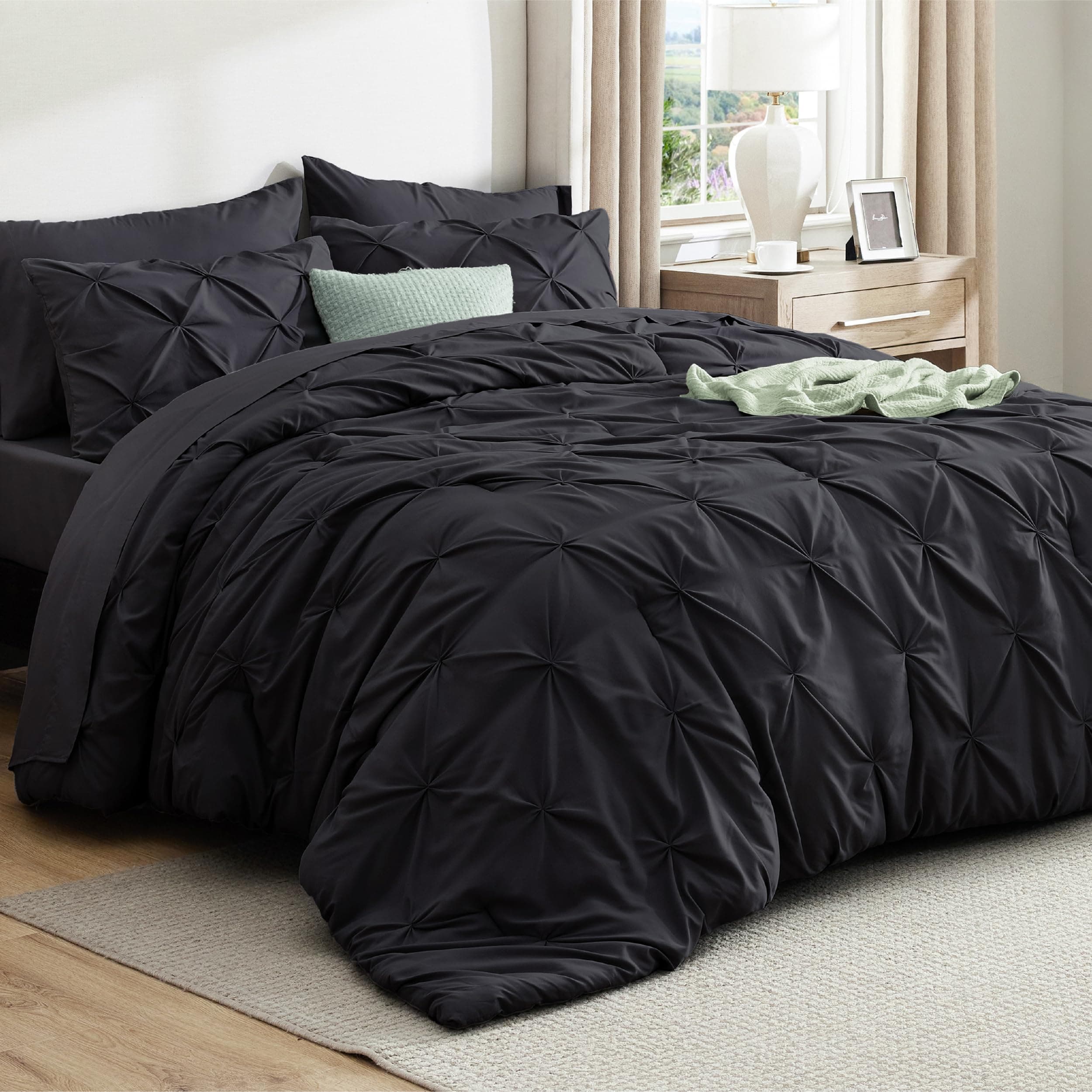 Bedsure Full Comforter Set Black - Bed in a Bag Full Size Bedding Set 7 Pieces, GentleSoft™ Pintuck Bed Set Gift for Family, Pinch Pleat All Season Comforter with Sheets, Pillowcases & Shams