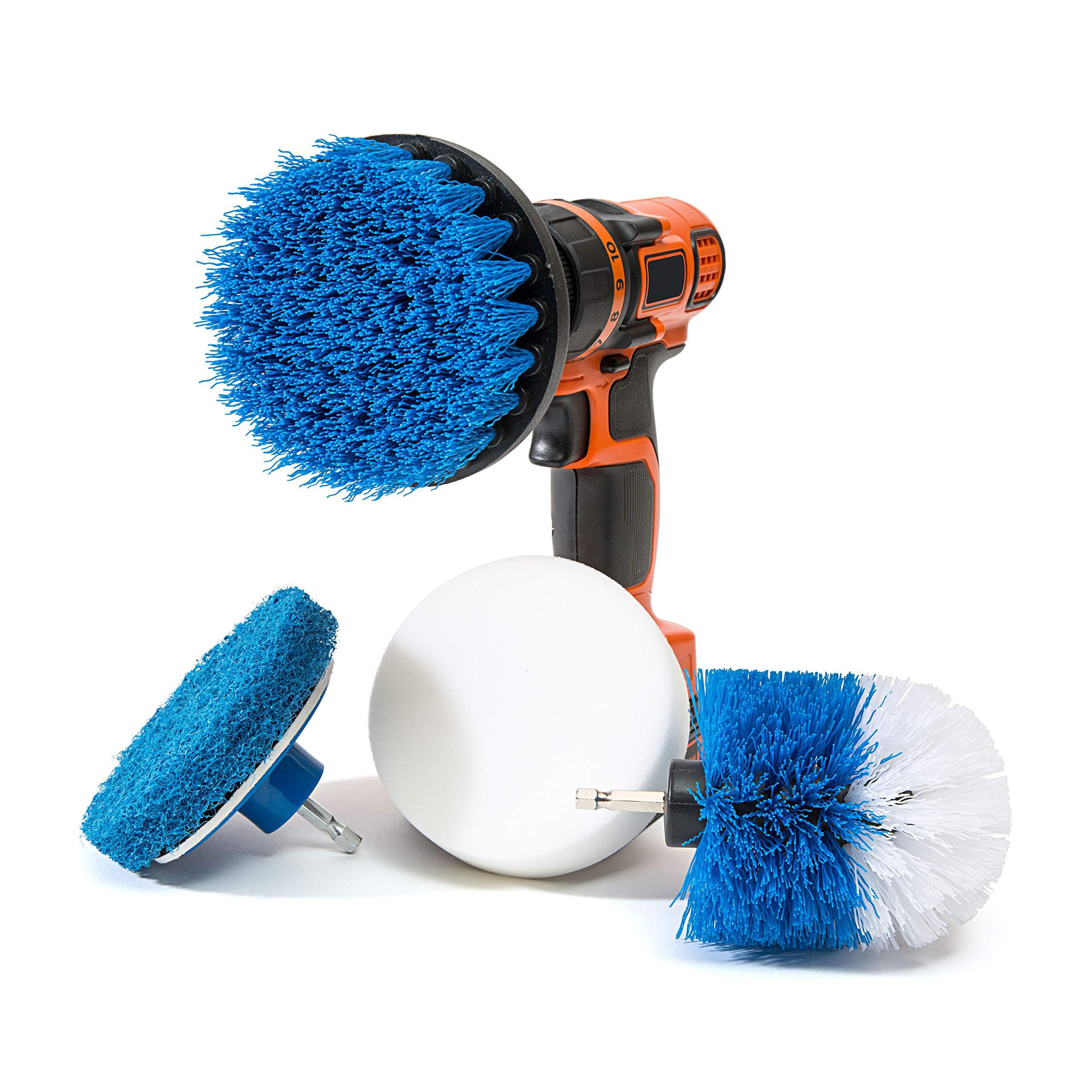 4 Piece Scrub Brush Power Drill Attachments-All Purpose Time Saving Kit-Perfect for Cleaning Grout, Tile, Counter, Shower, Grill, Floor, Kitchen, Blue & White