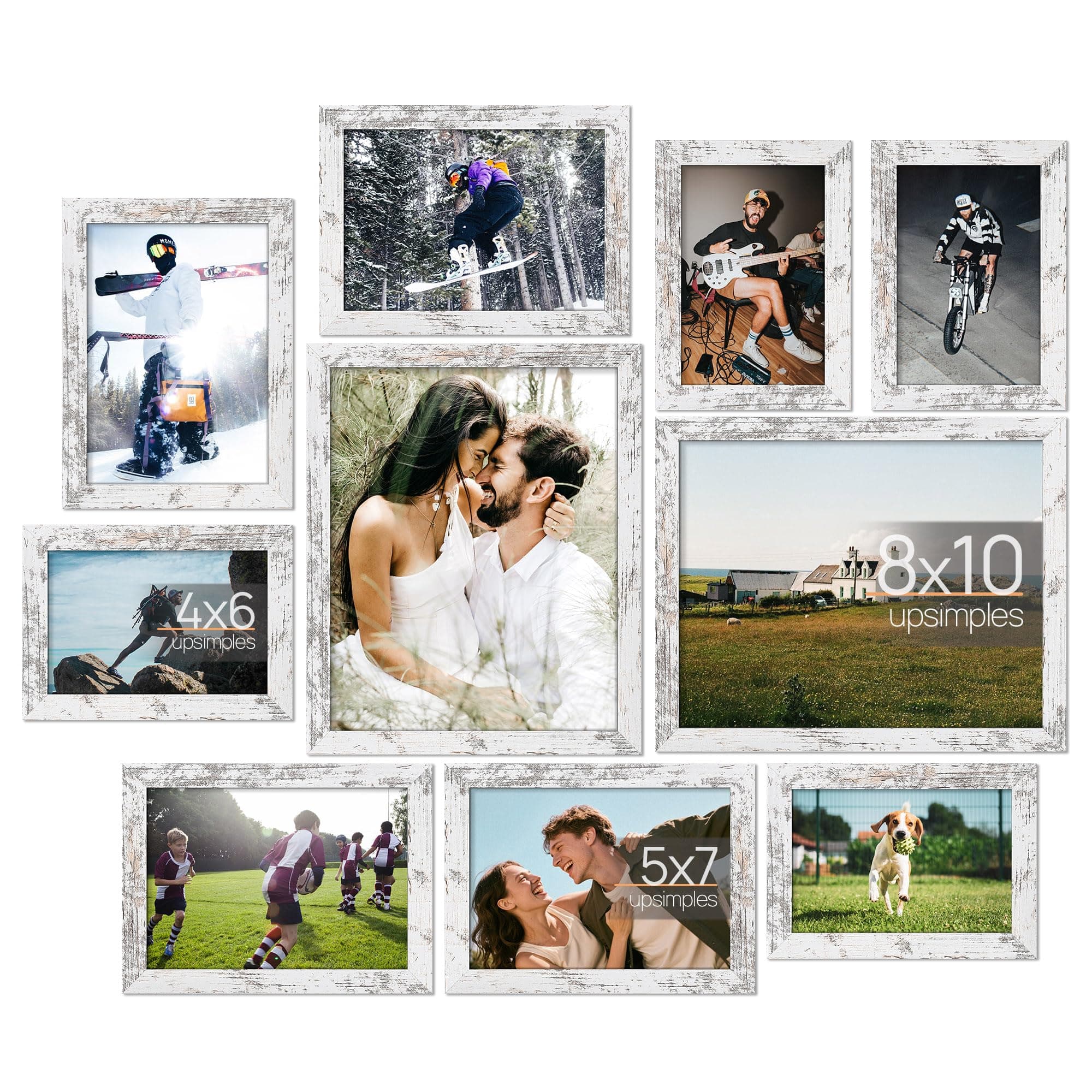upsimples10 Pack Picture Frames Collage Wall Decor for Mounting or Tabletop Display, Photo Gallery Frame Set for Family, Multi Sizes Including 8x10, 5x7, 4x6, Rustic White