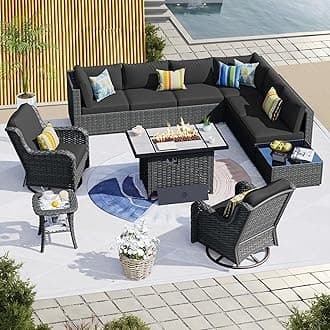 HOOOWOOO Patio Outdoor Sectional Furniture Sofa Set with Fire Pit Table,11 Piece L Shaped Wicker Couch Set with Swivel Chairs,Modern 8 Persons Summer Patio Conversation Set(Black)