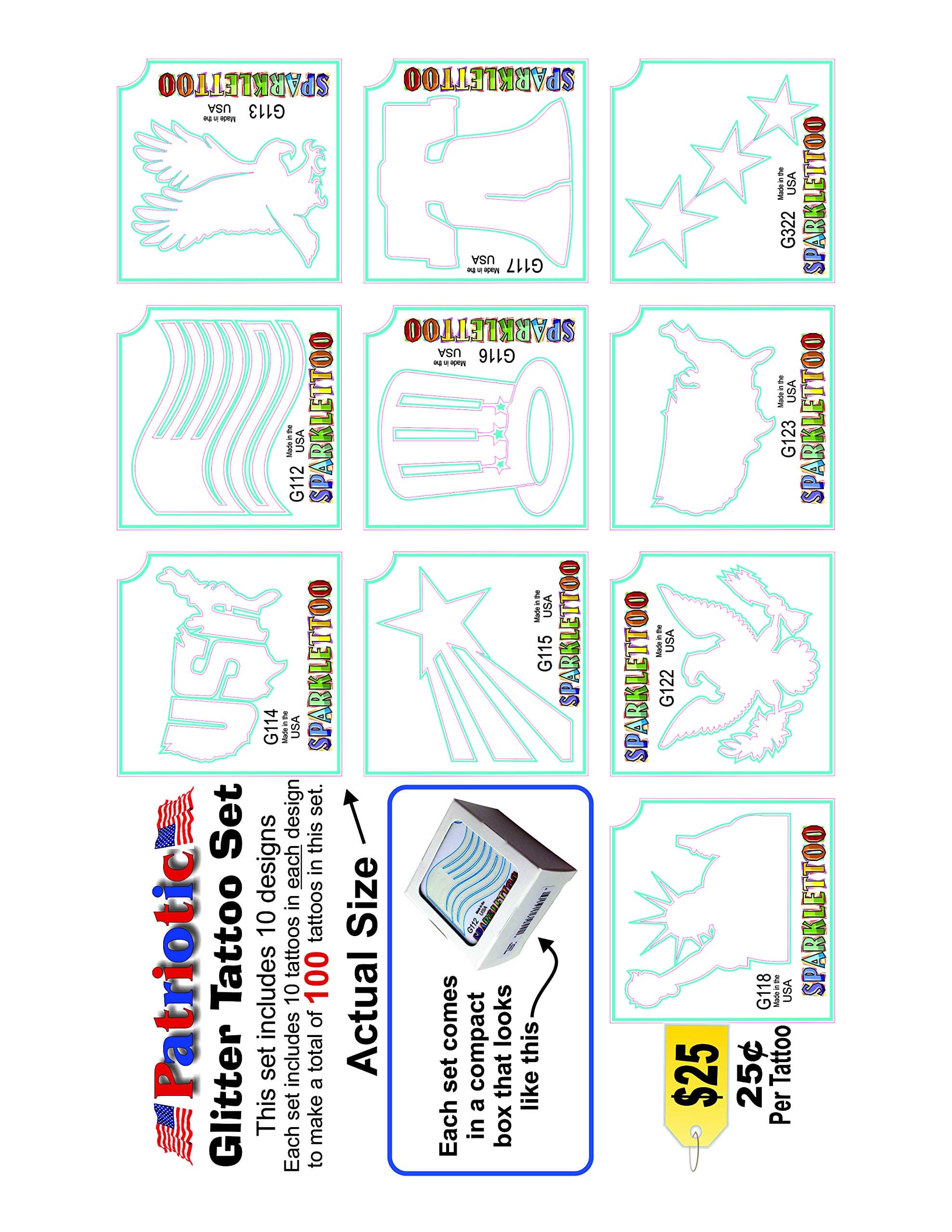 Ruby Red Paint, Inc. - 100 Glitter Tattoo Stencils - Patriotic Theme