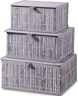 Honygebia Bamboo Decorative Storage Boxes - Set of 3 Woven Lined Storage Basket with Lids, Grey Marble Wicker Lidded Baskets for Home Kitchen Shelf Organizer Decor