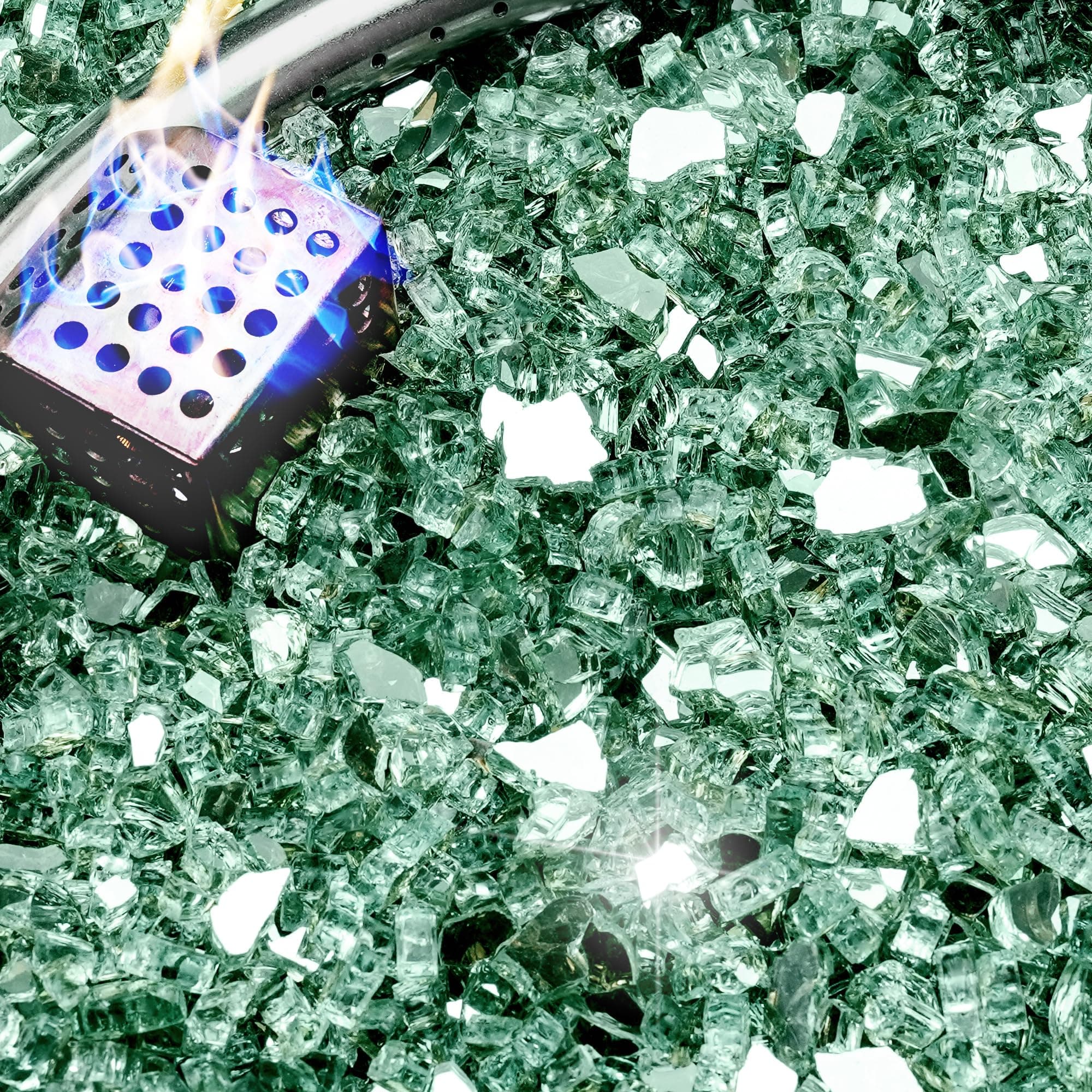 20 Pound Fire Glass, 1/4 Inch Reflective Fire Pit Glass, Tempered Firepit Glass Rock for Propane or Natural Gas, Glass Rocks for Fire Pit Table, Fireplace Glass for Landscaping, Green