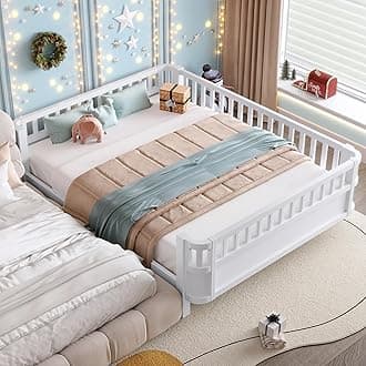 Queen Size Montessori Bed with Fence and Slats, Queen Size Low Platform Bed Frame with Detachable Side Bed Rails and Rounded Corner Design, Easy Assemble Montessori Bed White