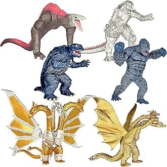 TwCare Exclusive Set of 6 Godzilla vs Kong Toys Movable Joint Action Figures, King of The Monster Dinosaur Ghidorah Skull Crawler Mecha Mechagodzilla Cake Toppers Pack