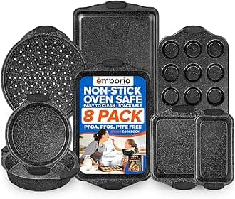 Baking Pan Set - Nonstick Coating, Carbon Steel Bakeware Sets with Gray Silicone Handles, PFOA, PFOS, PTFE Free, Recipe Booklet Included, Oven Safe Tray (Up To 450° F), Set of 8 - Gray