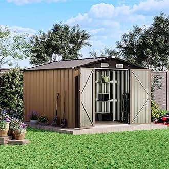Patiowell 8x10 FT Outdoor Storage Shed with Detachable Storage Rack, Large Garden Tool Metal Shed with Sloping Roof and Double Lockable Door, Outdoor Shed for Backyard Garden Patio Lawn,Brown