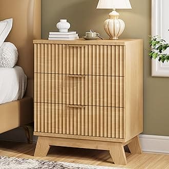 Fluted Nightstand, 24" Wide Side Table with 3 Large Storage Drawers, Mid Century Modern Wood Night Stand with Metal Handle, Wooden Bedside End Table for Bedroom, Living Room, Closet, Natural Oak