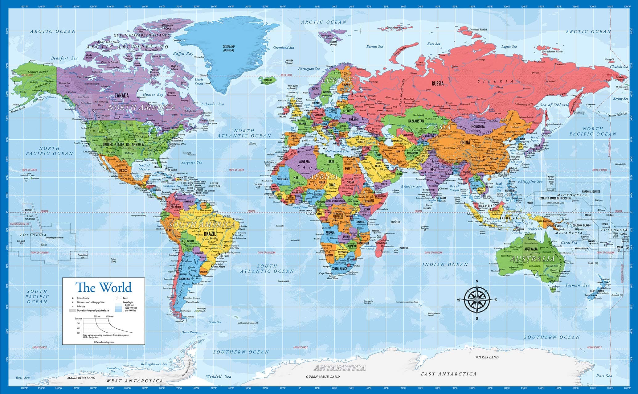 Palace Learning Laminated World Map Wall Chart Map of The World - Made in The USA - Updated 18" x 29"